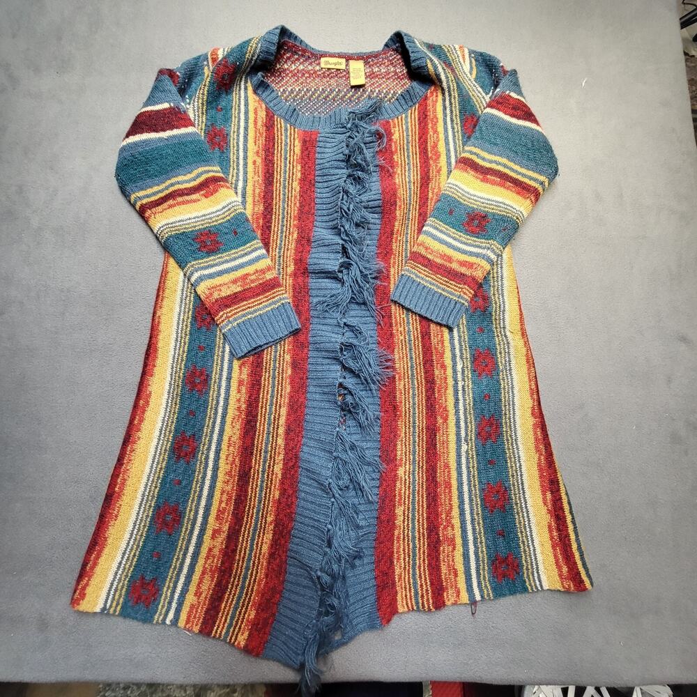 Wrangler Cardigan Sweater Womens M Striped Southwest Aztec Open‎ Front Fringed